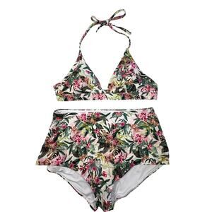Victoria's Secret 2-Piece Swim High Waist Bikini Women's L Pink Green Floral